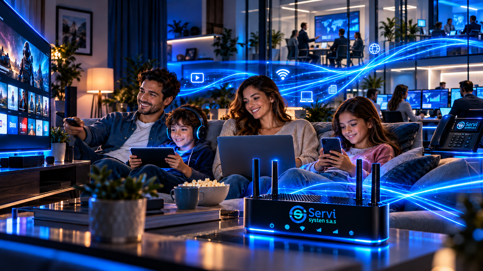 Conectividad familiar en azul neón - SERVISYSTEN